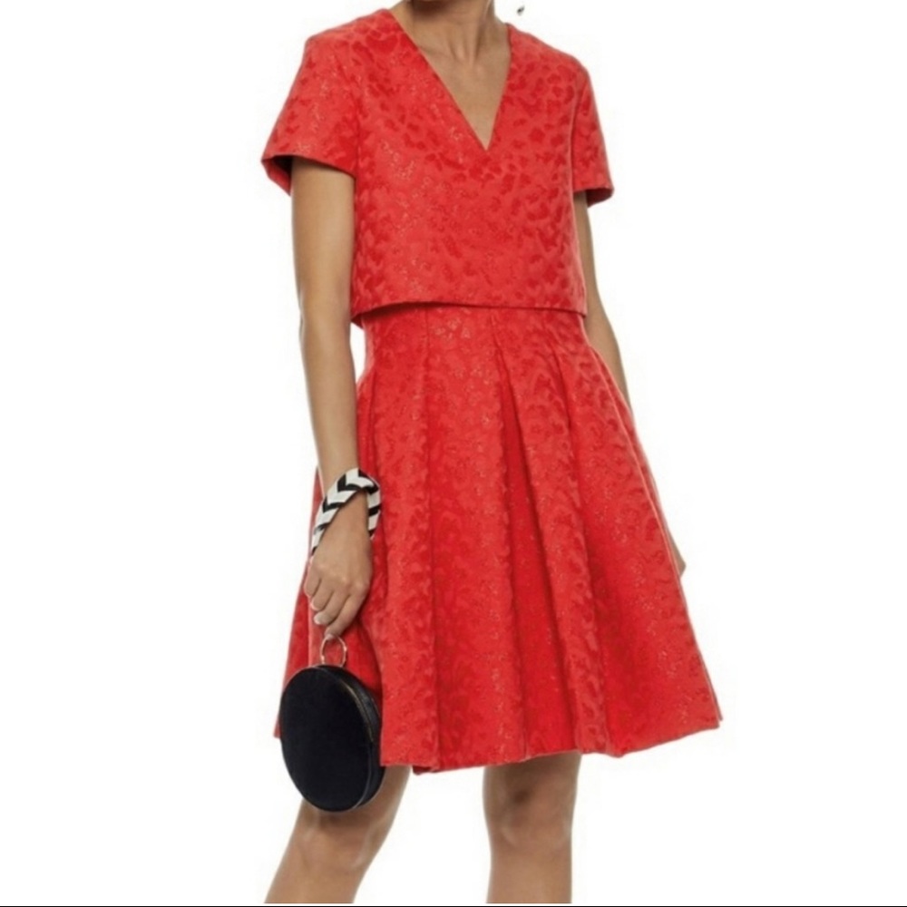 Maje Roleo Pleated Metallic Jacquard Dress Red NEW size 1